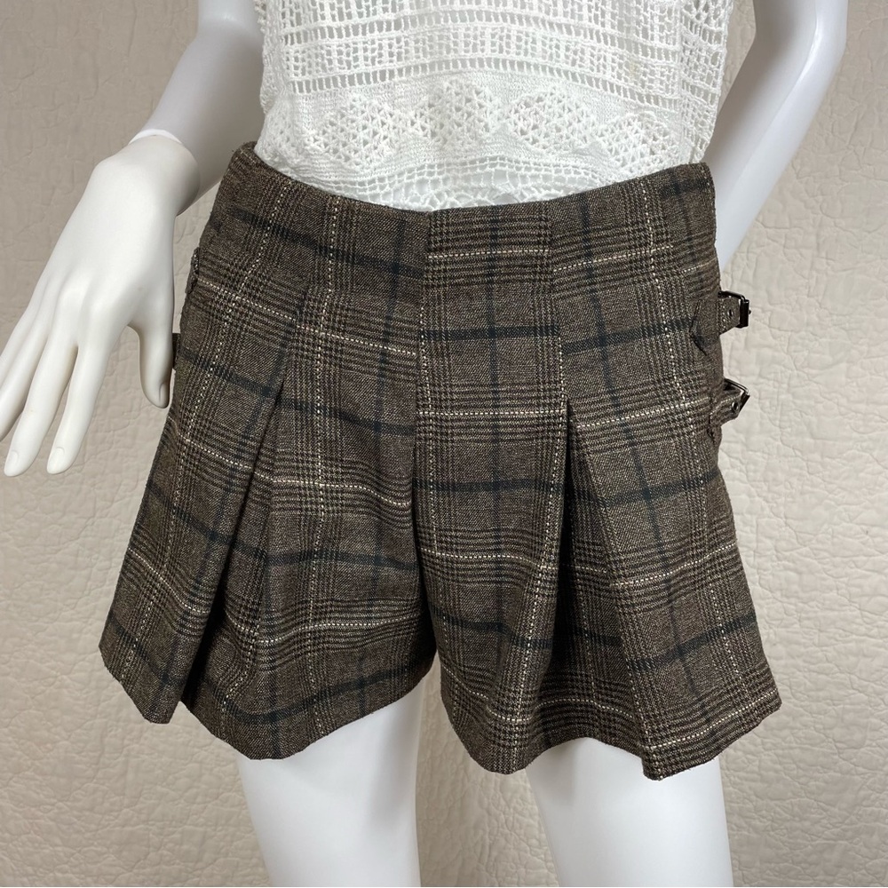 🔥Y2K JOA Anthropologie Side Buckle  Pleated Plaid Brown Mini Shorts School Girl